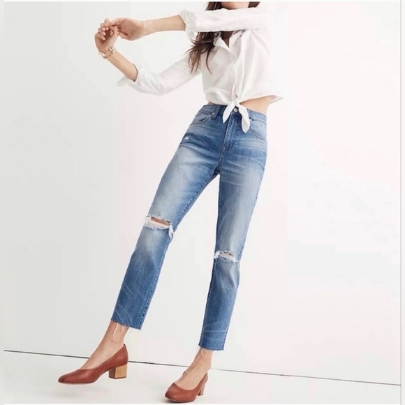 Madewell The High-Rise Slim Boyjean Knee-Rip Edition Blue, Size 28 - Picture 1 of 11